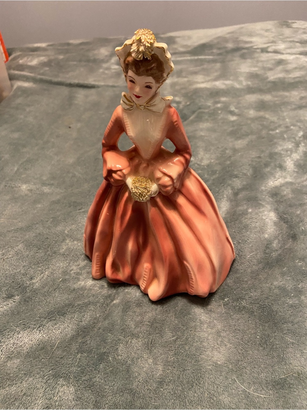 Hand-Painted Ceramic Lady Figurine in Coral and Gold